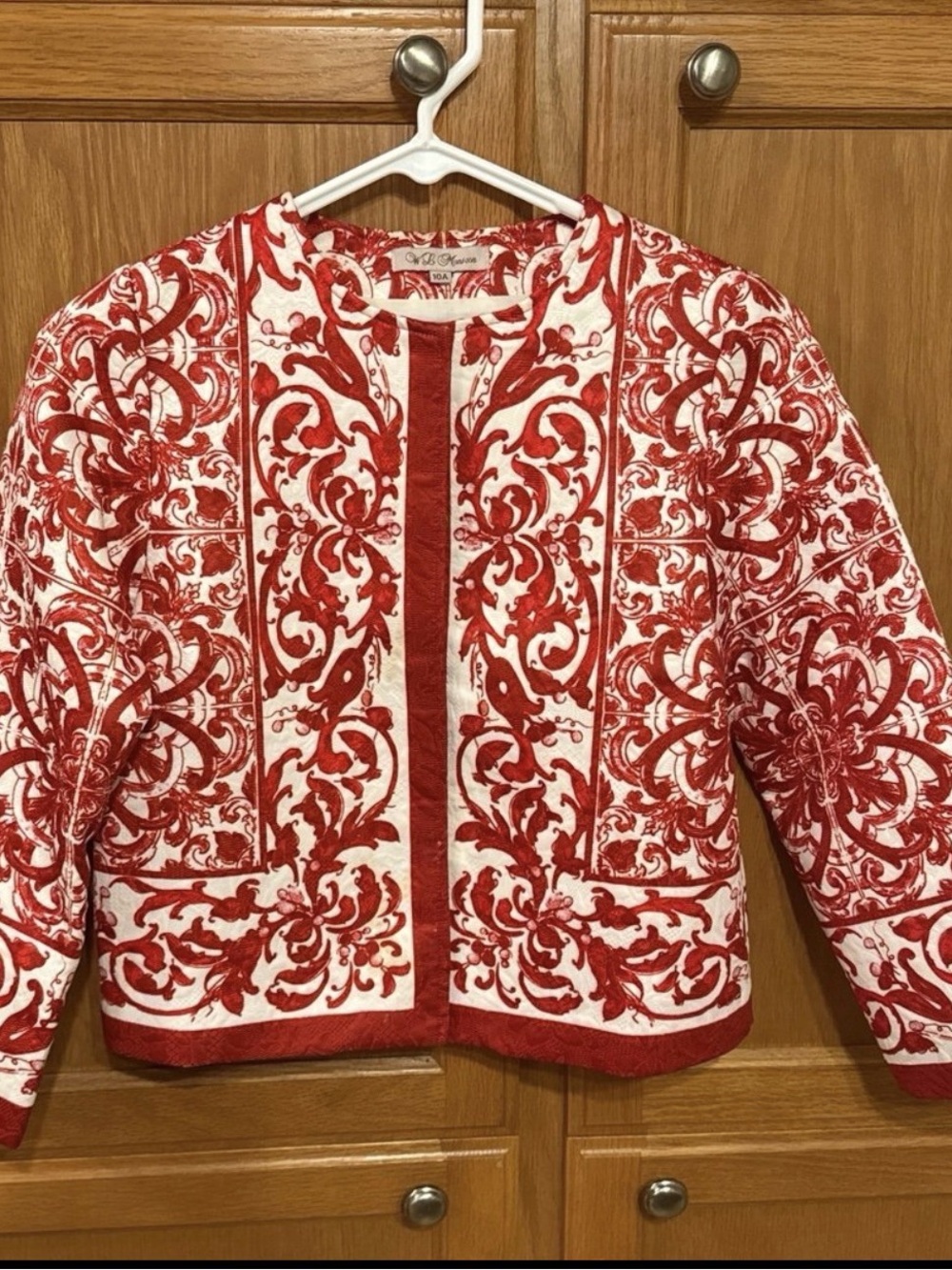 Girls' Red & White Embroidered Quilted Jacket - Classic Scrolled Motif